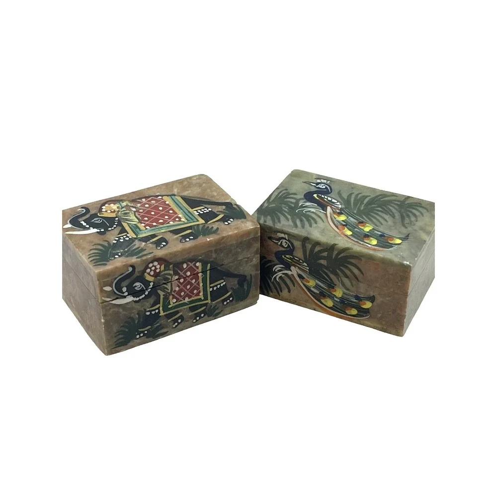 Hand Painted Handmade Soapstone Elephant & Peacock Trinket Jewelry Boxes Set